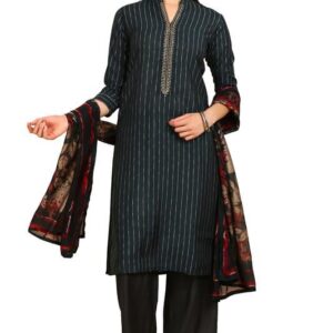 Soch Womens Teal Stripes Print Mandarin Collar Muslin Blend Suit Set
