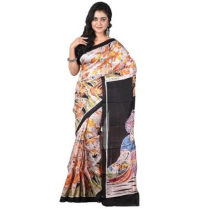 3stones Women's Mulberry Silk Saree | Printed Handwoven, Hand Batik Pure Saree with Unstiched Blouse Material Piece | Weddings & Festivals| Traditional Leaf Print