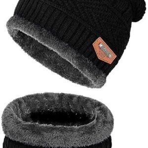 M2K HUB® Winter Beanie Hat Scarf Set, Muffler Winter Cap Thick Fleece Lined Skull Cap Warm Knit Winter Hats Neck Warmer for Men & Women (Black)